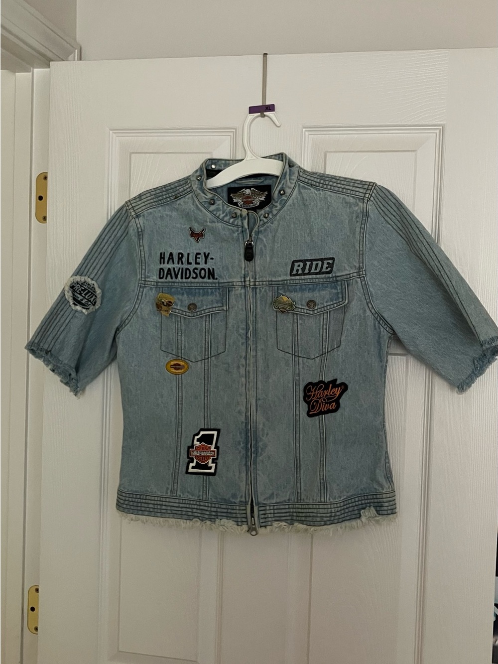 Harley-Davidson Rider Biker ShortSleeve Denim Jean Jacket Logo Patches Sz M Y2K